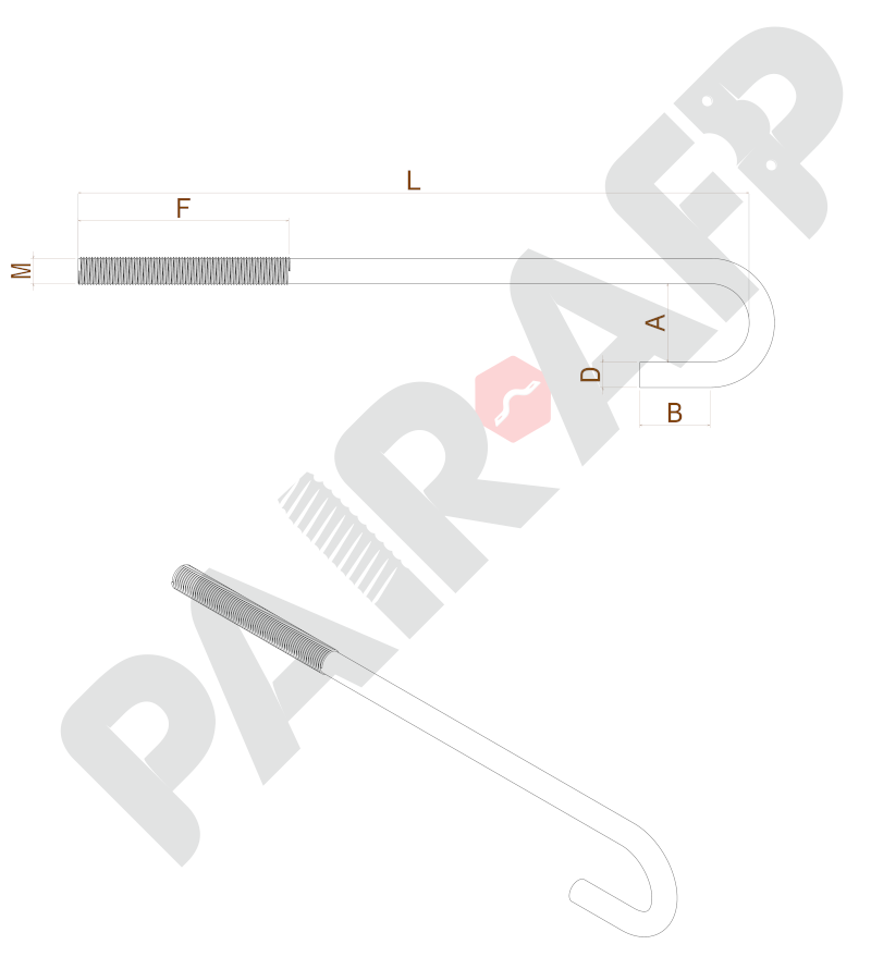 Plan technique détaillé de crosse d’ancrage droite pour scellement dans le béton Plan technique de crosse d’ancrage droite
